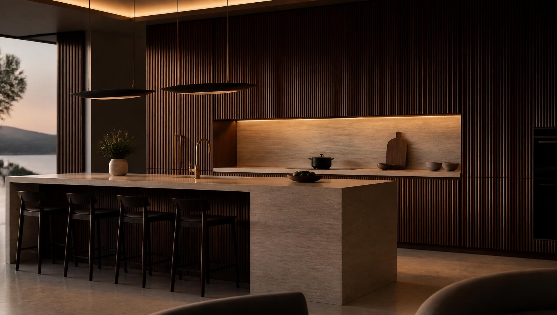 Bespoke walnut and travertine kitchen by Velora at dusk