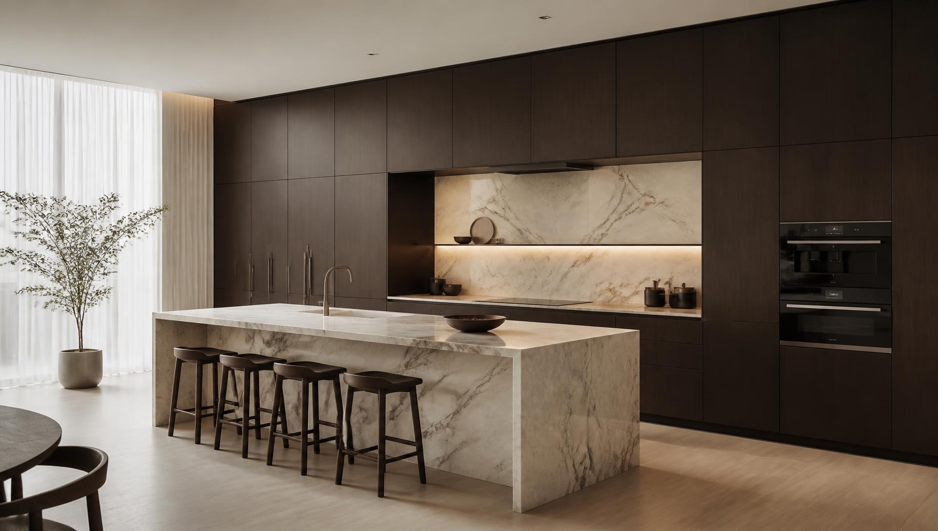 Modern handleless espresso kitchen with a marble waterfall island