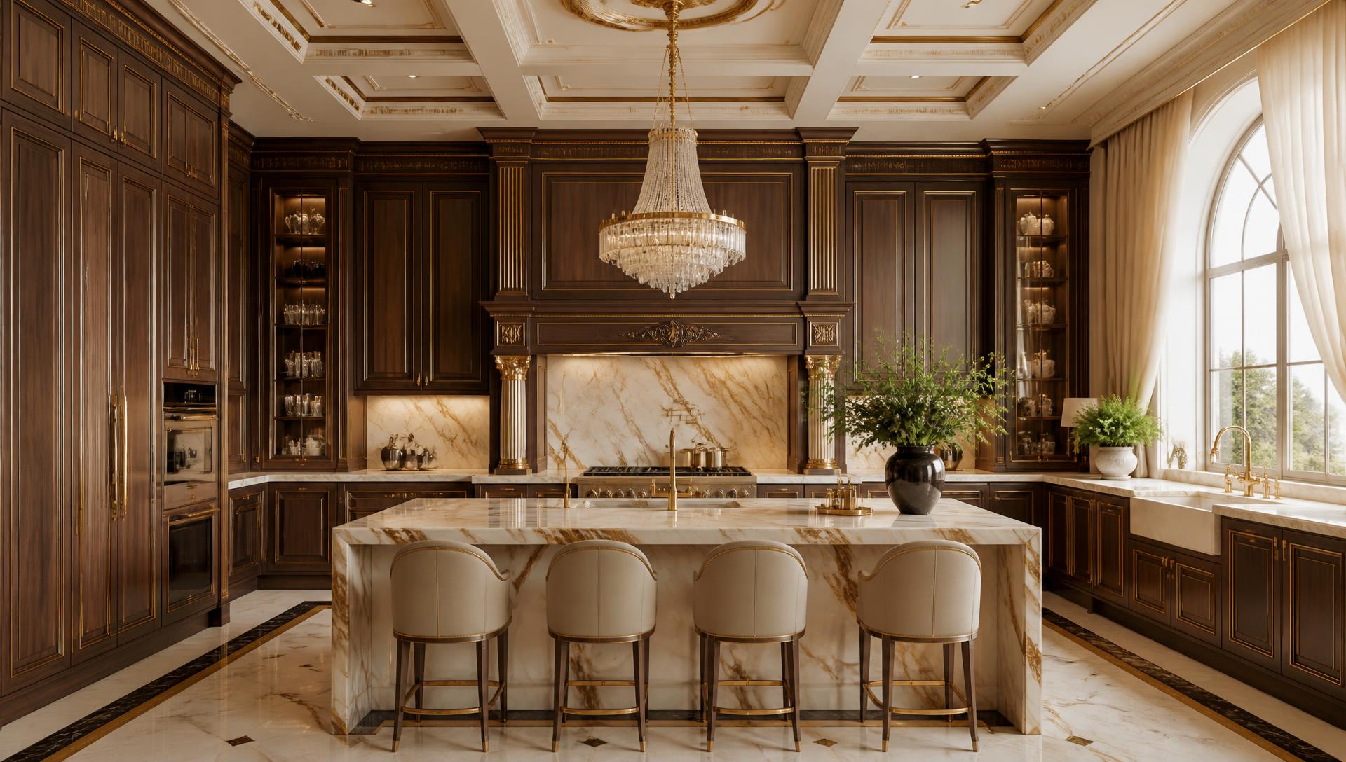 Luxury walnut and cream kitchen with a honed marble island