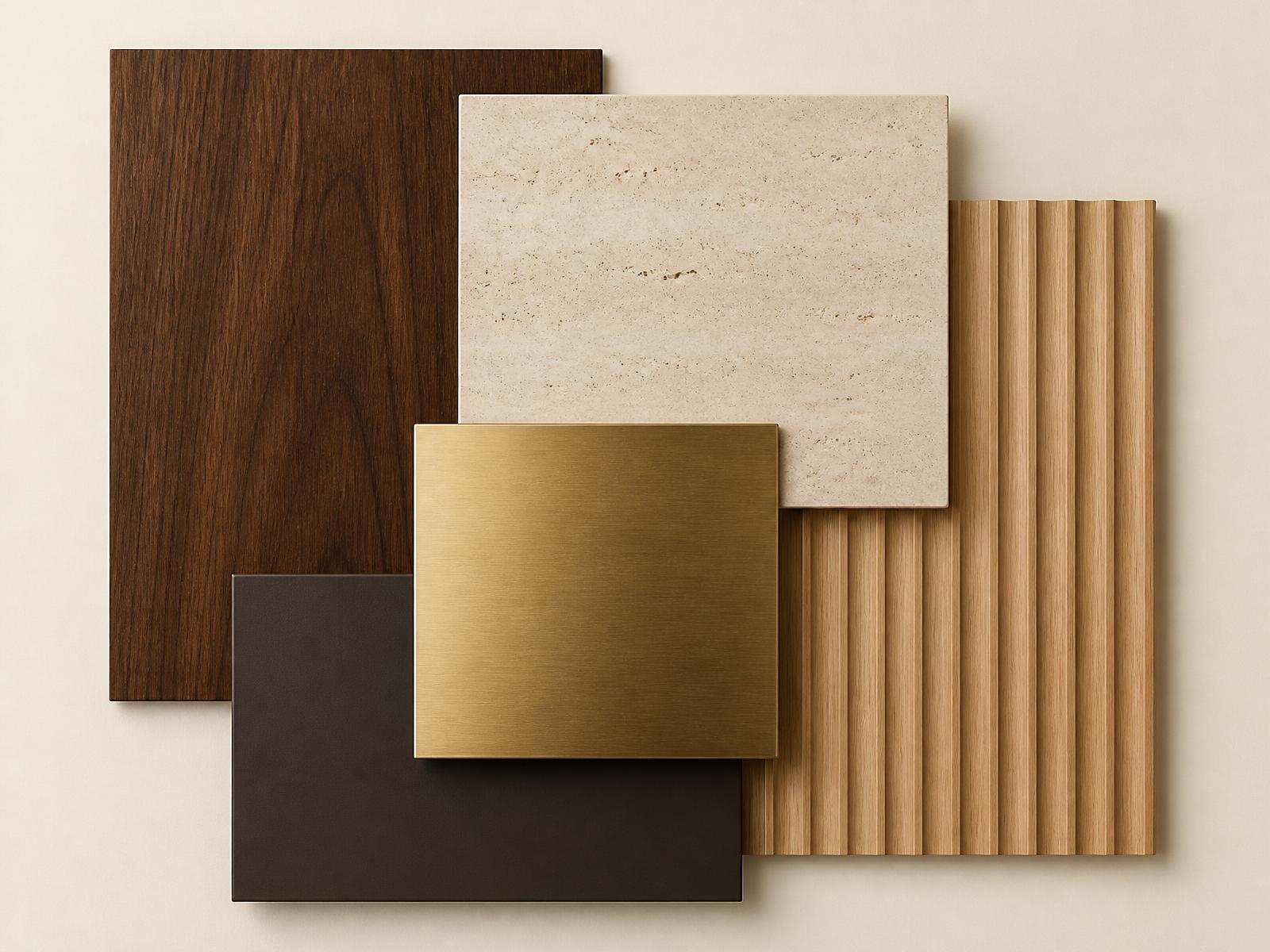 Walnut, travertine, fluted oak, brass and matte lacquer samples