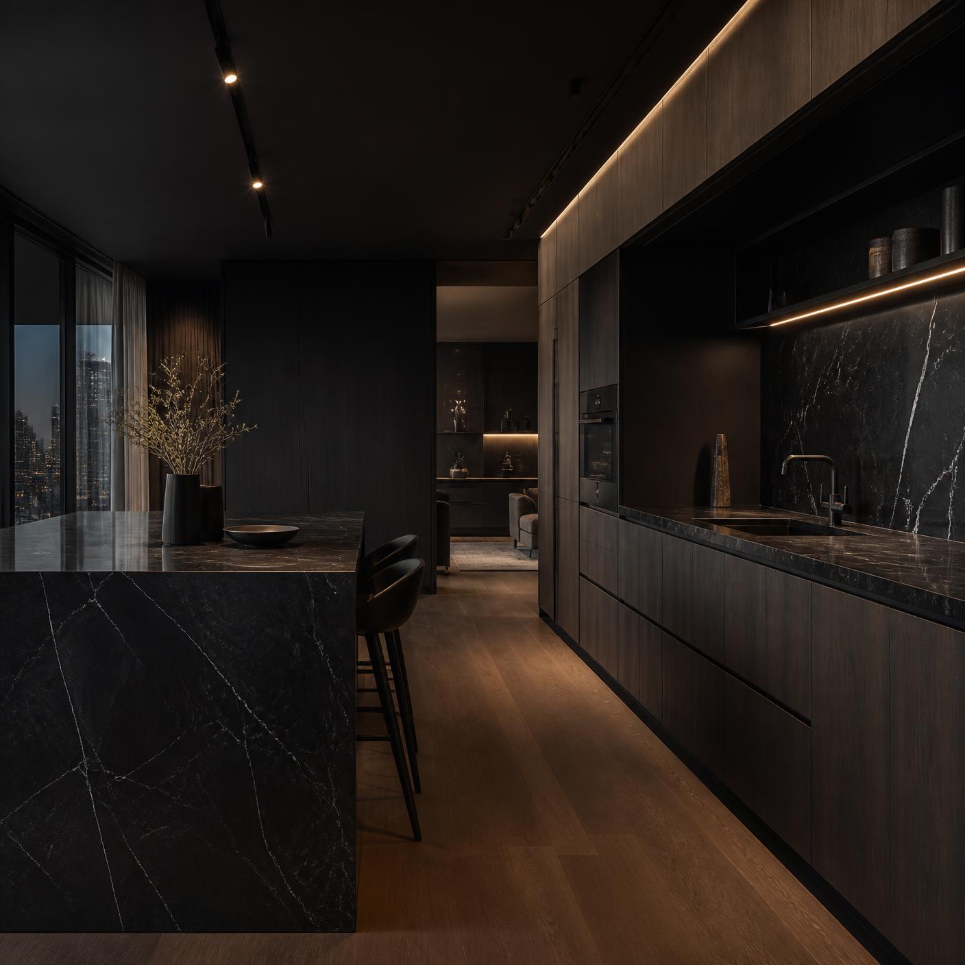 Smoked oak and black marble kitchen at night